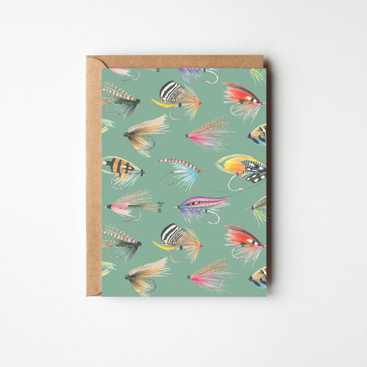 Fishing Flies in Green, A6 Greetings Card
