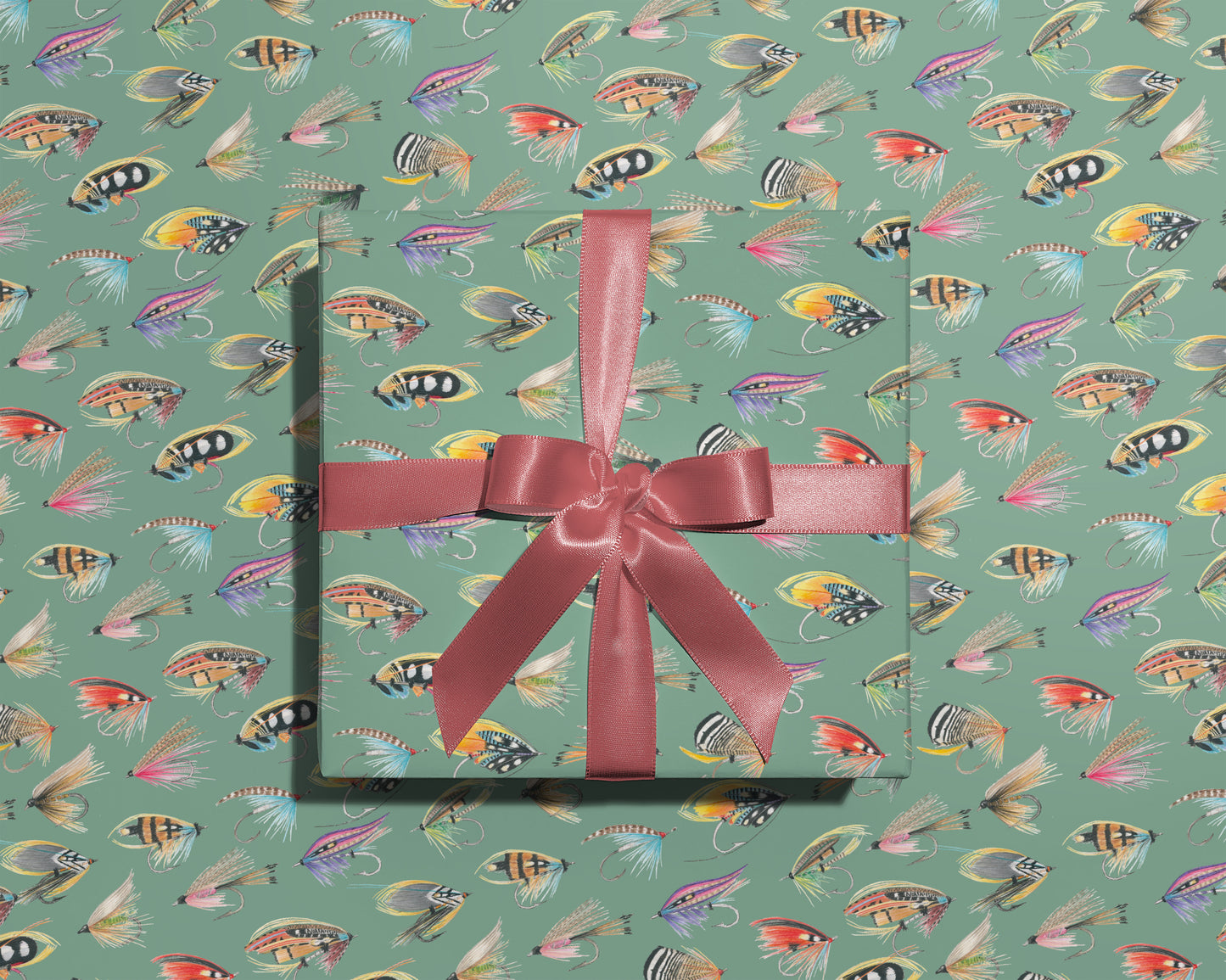 Fishing Flies Wrapping Paper in Green