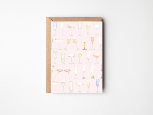 Champagne Glasses Greetings Card in pink, A6