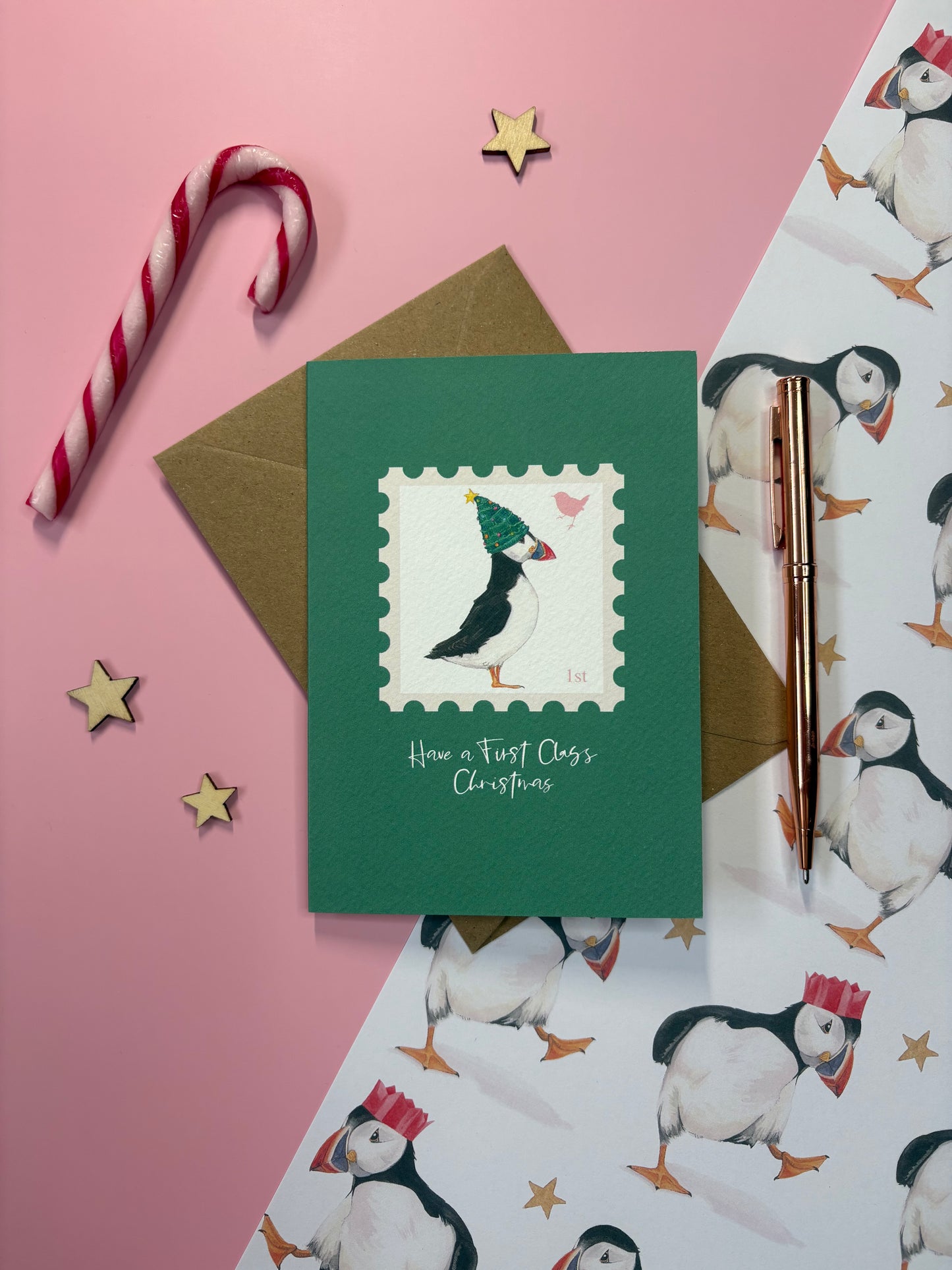 First Class Christmas Puffin, Christmas card